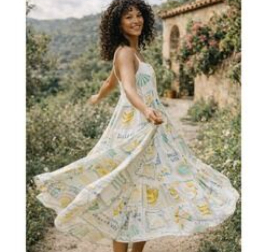 Anthropology, Paper Heart, Abstract Print Midi Dress in White and Yellow